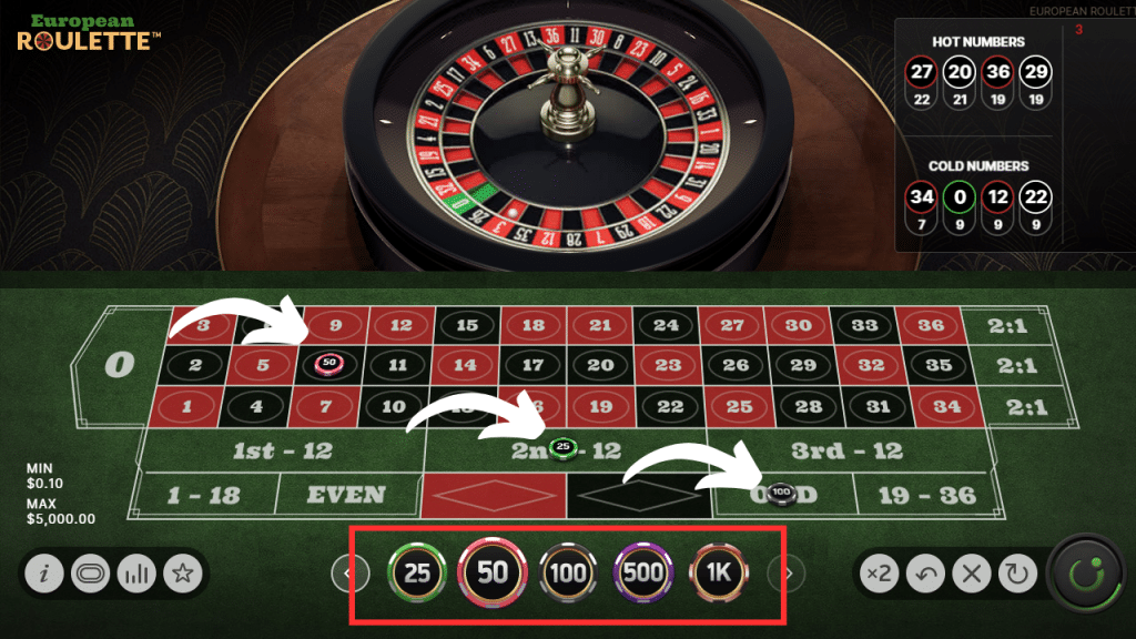 How to Play Roulette - chip size is selected and multiple bets are placed on the board with varying chip sizes
